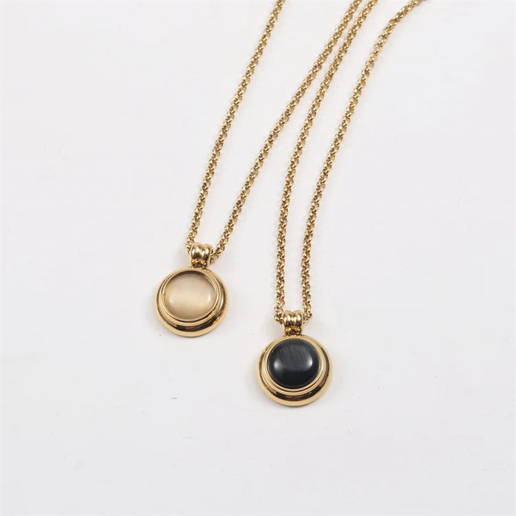 Korean Style Black White Round Opal Natural Stone Stainless Steel Necklace Gold Plated Women Accessories