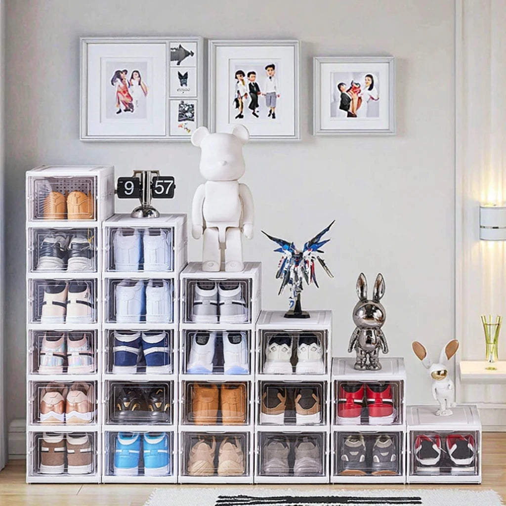 Double Transparent Clear Plastic Furniture Shoe Rack Cabinet Home Organizer Box Storage for Shoes Clothing Folding Display