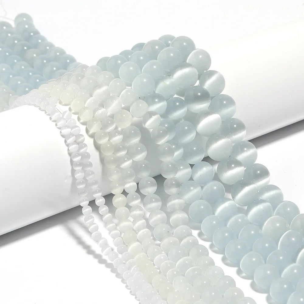 Natural White Cat Eye Loose Beads Handmade Beads Accessory Semi-finished Round Beads for DIY Jewelry Necklace Bracelet Making