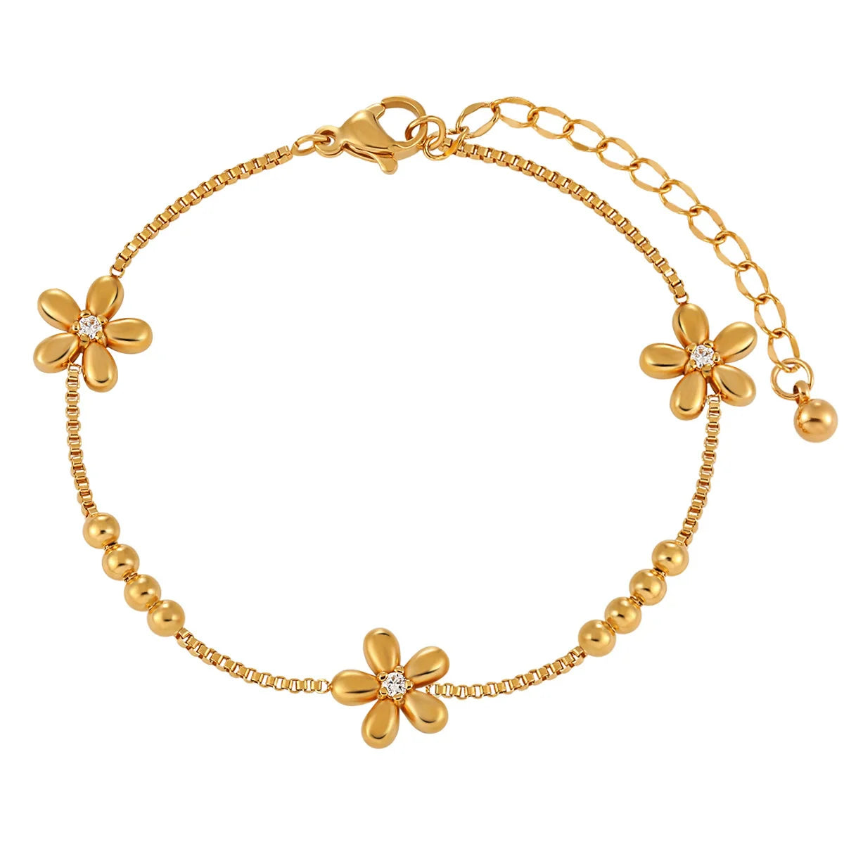 Dainty Waterproof Jewelry Exquisite Flower Zircon Stainless Steel Bracelets Gold Pvd Plated Beaded Box Chain Bracelet for Women