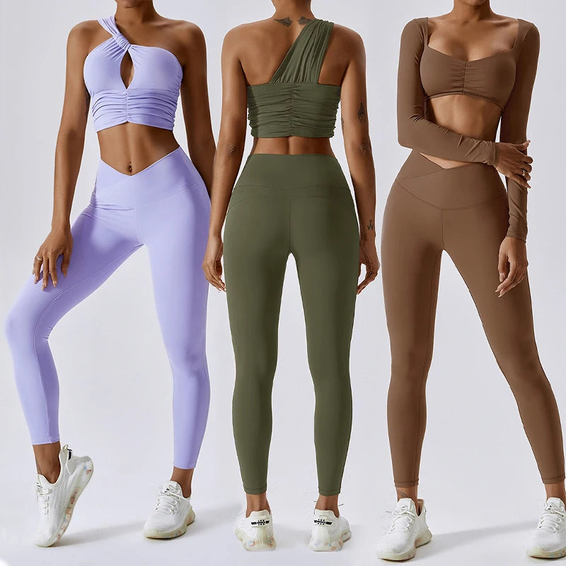 2025 Spring New Sexy 2/3 Piece Women's Sports Yoga Suit Set Breathable One Shoulder Bra V Cross Waist Leggings Workout
