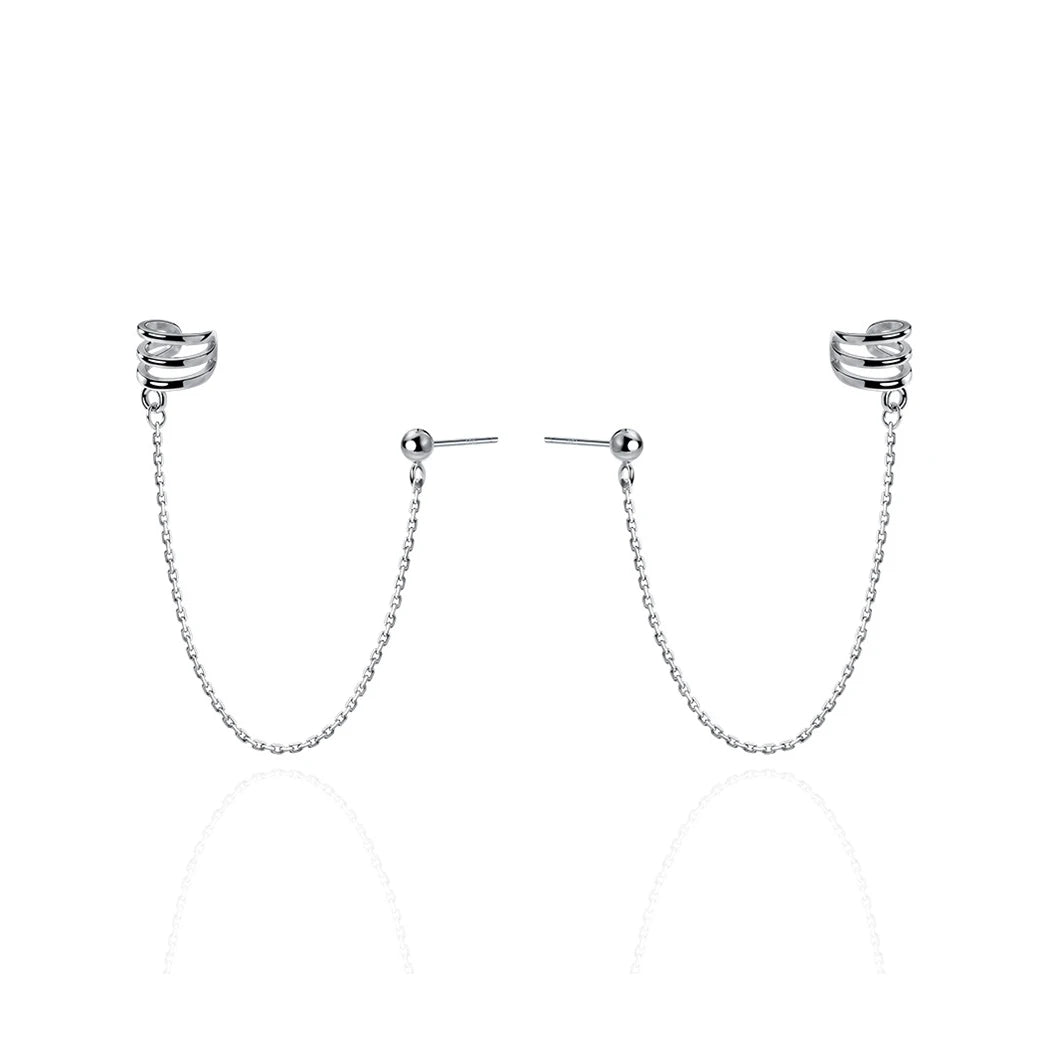 WMG4375 Uniquely Stylish Sterling Silver 925 C-Shaped Triple Ear Clip One Type Multi-Wear Long Ear Chain Earrings