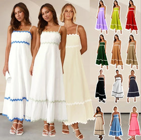 Women's Summer New Solid Color Lace Spliced Elegant Sling Large Swing Dress
