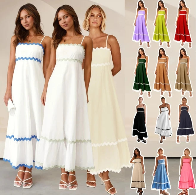 Women's Summer New Solid Color Lace Spliced Elegant Sling Large Swing Dress