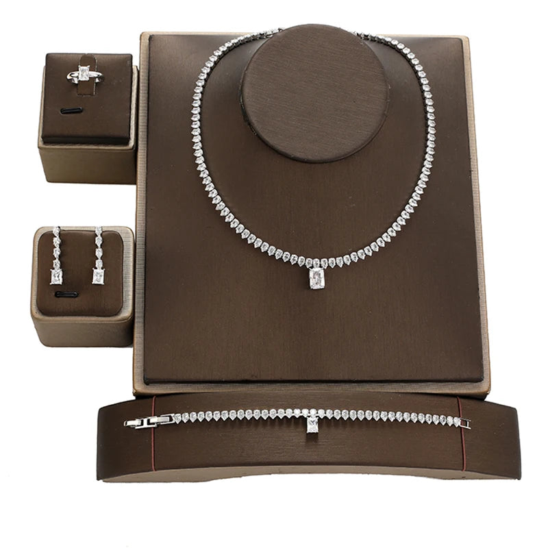 Square Shaped Drop Cubic Zircon Jewelry Set Bridal Chic Necklace Set Earrings Bracelet Adjustable Ring for Wedding BN8958