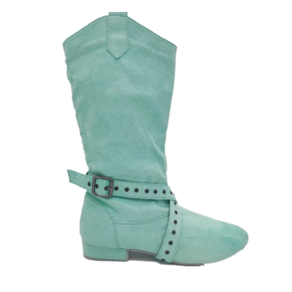 New Arrival Women's EVK010 Light Blue Suede Low Heel Dance Boots Customized Ballroom Jazz Salsa Party Practice Shoes