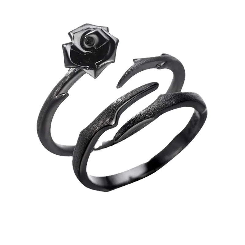 BASQUESUN Factory Wholesale Custom Retro Black Rose Couple Trendy Personalized Flower Open Fashion Thorn Rose Couple Ring