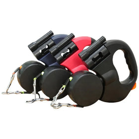 LED Light Retractable Dog Leash with Poop Bag Holder Heavy Duty 360-degree Double Dog Leash Reflective Pet Leashes for 2 Dogs