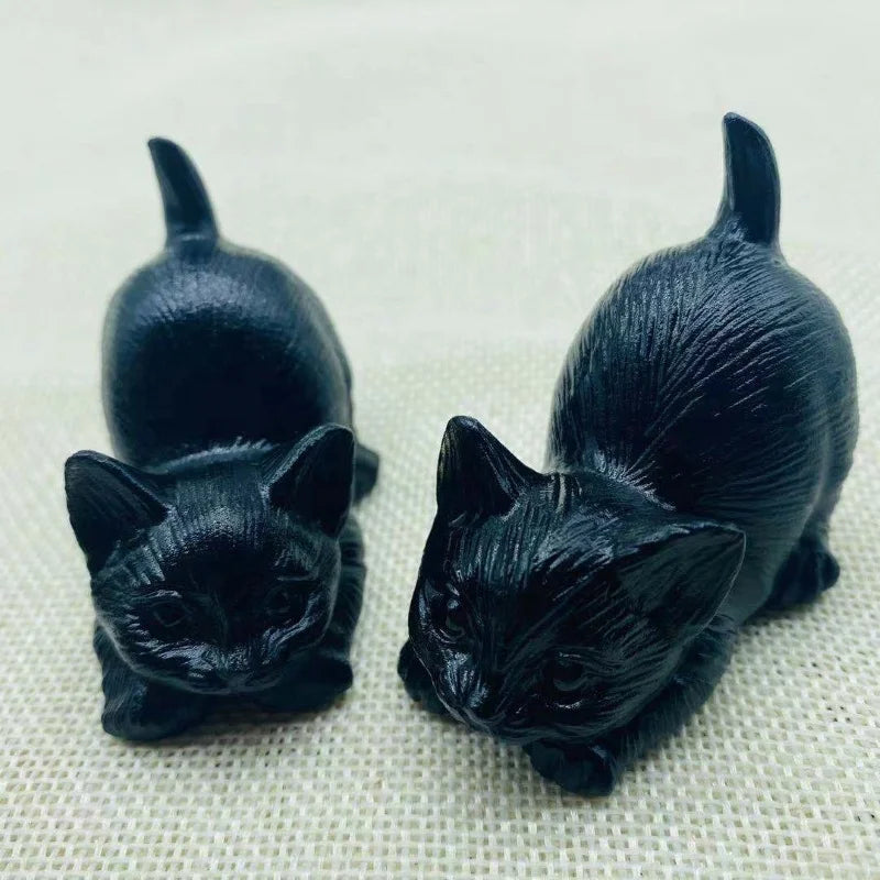 Natural Hand Carved Black Obsidian Lying Cat Carving Crystal Kitten Ornament for Decoration