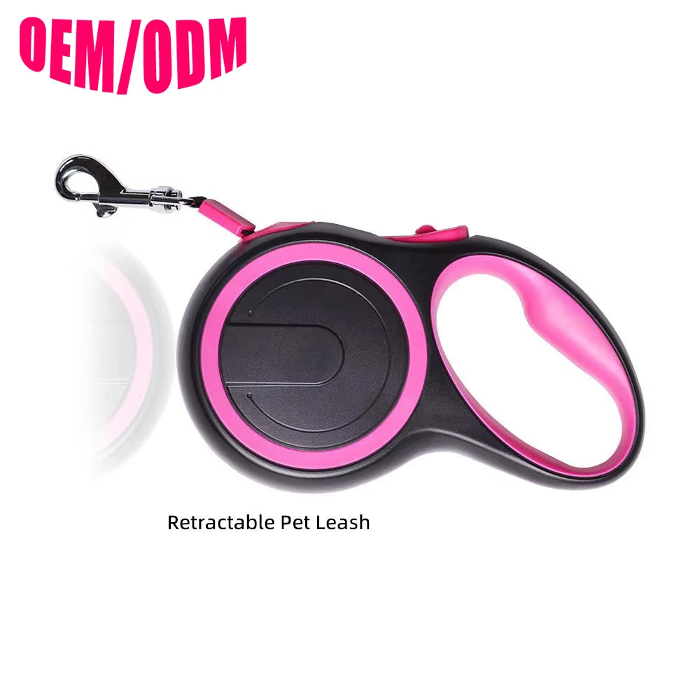 Custom Logo 5m Retractable Dog Leash One-Button Break Lock Safety Nylon Ribbon Solid & Animal Pattern Made Leather Plastic Alloy