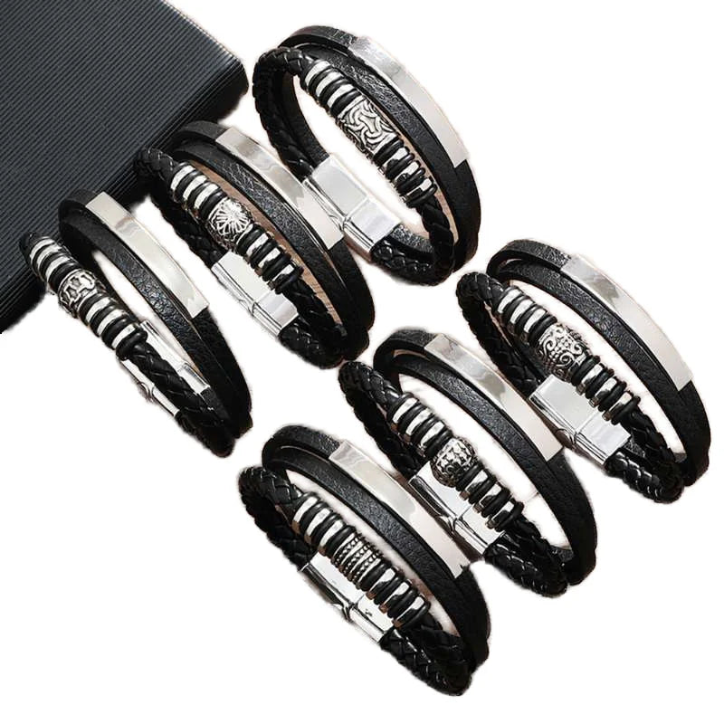 New Fashion Zinc Alloy Layer Viking Runes Compass Totem Beads Man Bracelet Black Leather