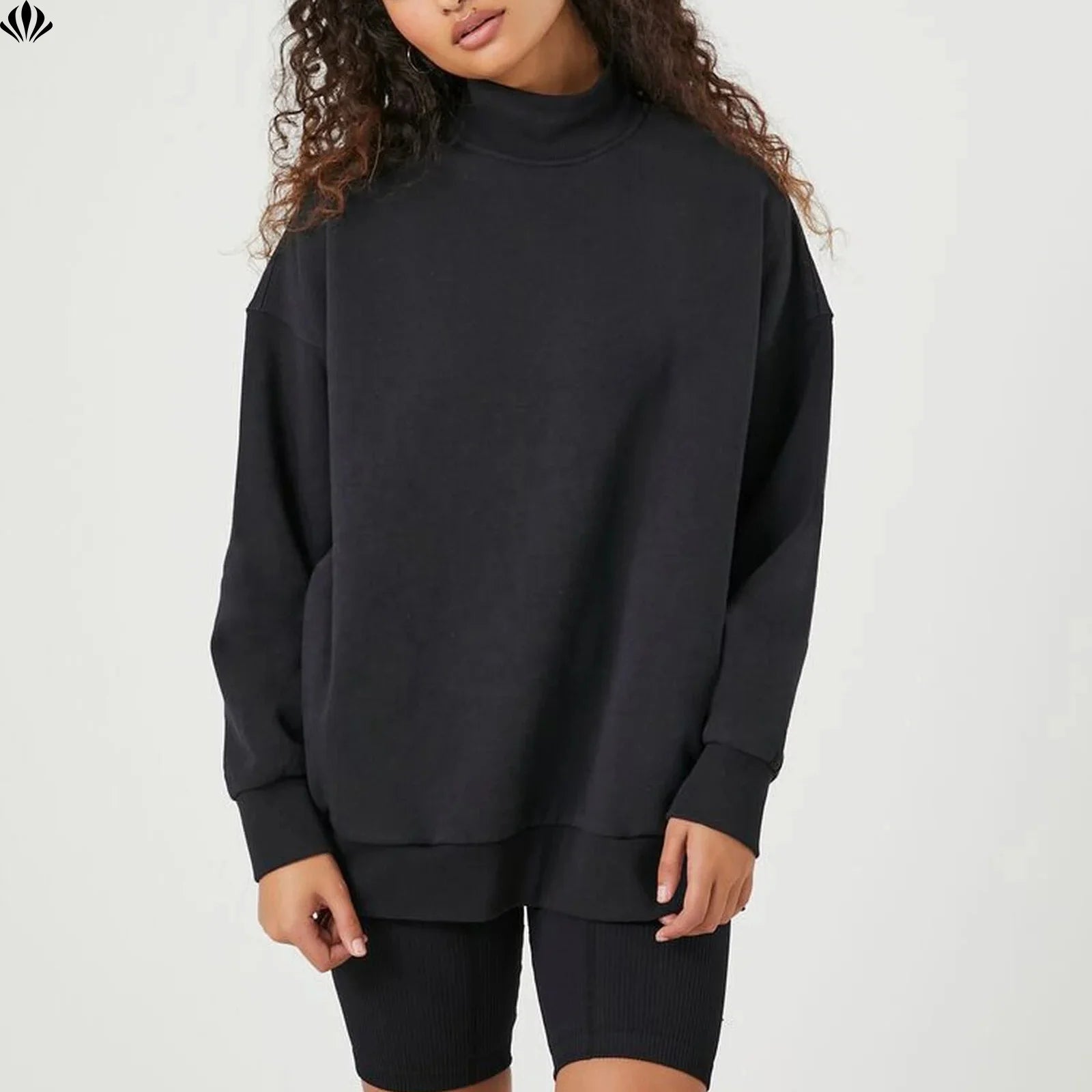 High Quality Custom Logo Cotton Plain Mock Neck Loose Fit Sweatshirts  for Women