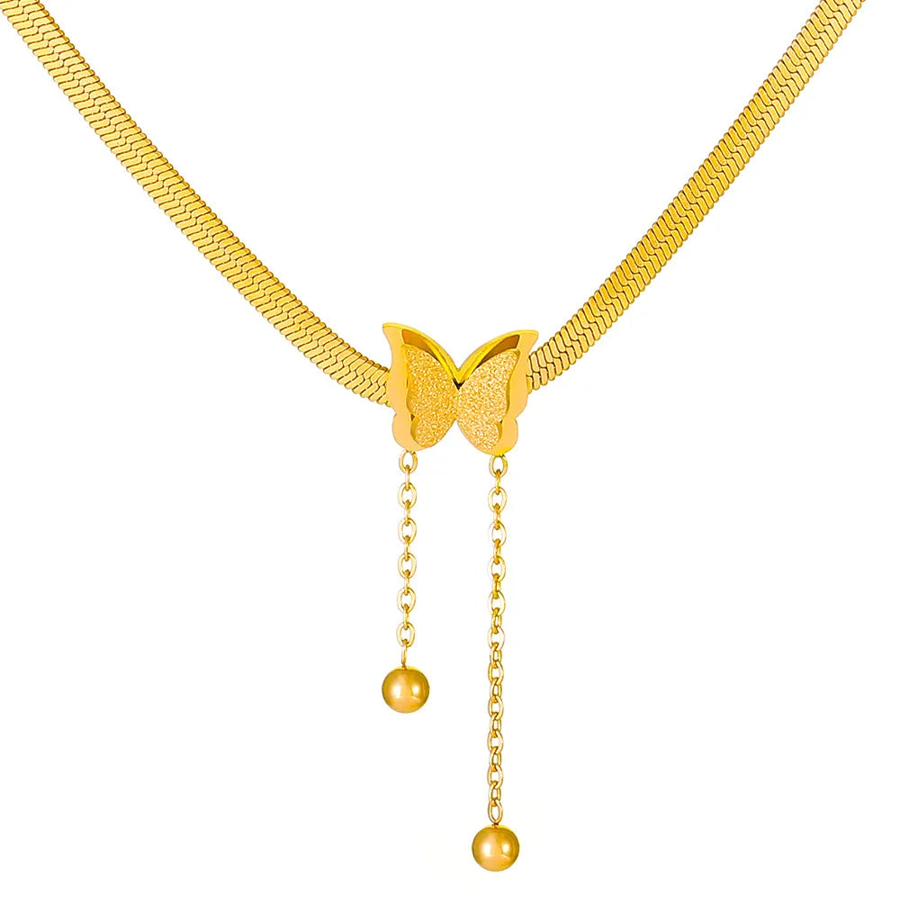 Luxury Stainless Steel Gold-plated Frosted butterfly Pendant Fashion Snake Bone Titanium Steel Tassel Necklace for Women