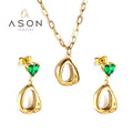 Ason Jowellery Gold Plated Stainless Steel Women Zircon Earrings Diamond Earring and Necklace Set Bridal Jewelry Set for Wedding