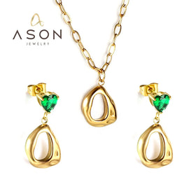 Ason Jowellery Gold Plated Stainless Steel Women Zircon Earrings Diamond Earring and Necklace Set Bridal Jewelry Set for Wedding