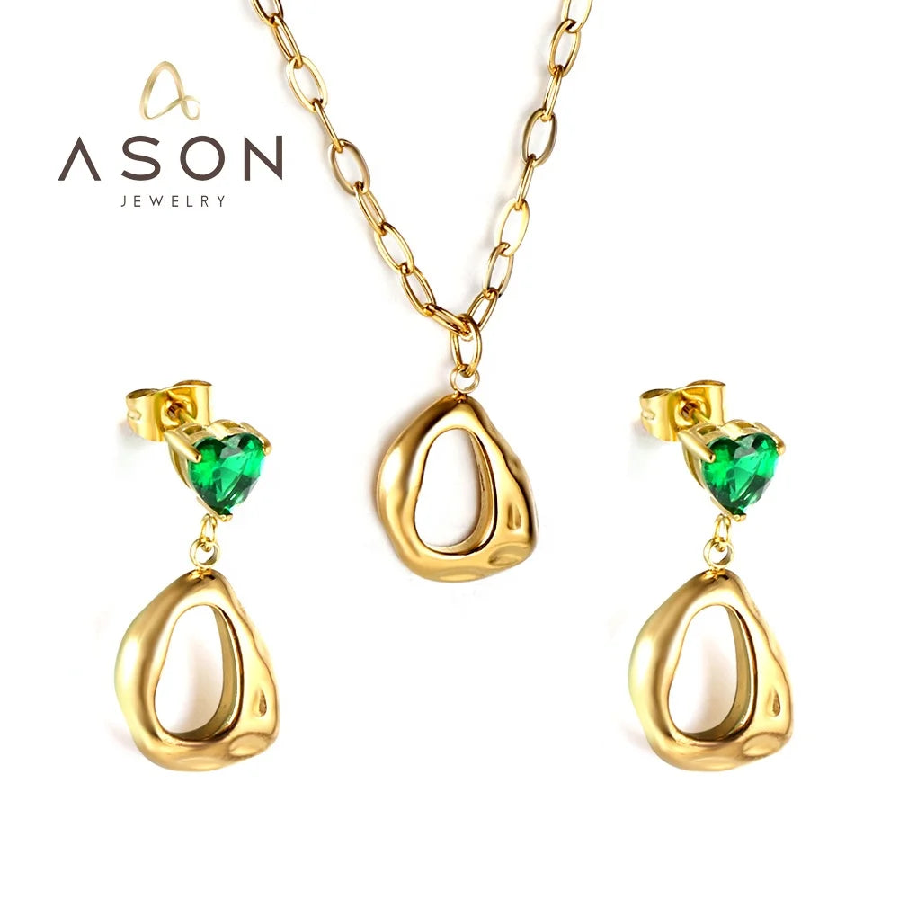 Ason Jowellery Gold Plated Stainless Steel Women Zircon Earrings Diamond Earring and Necklace Set Bridal Jewelry Set for Wedding