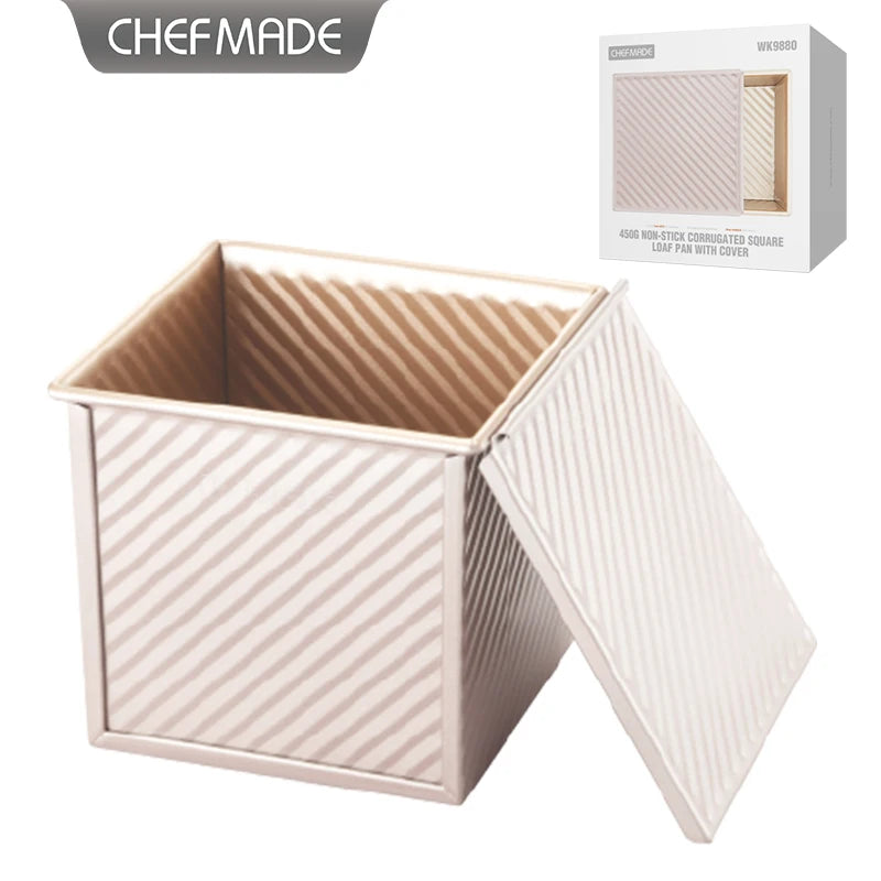 CHEFMADE WK9880 Carbon Steel Bakeware 450g Non Stick Oven Baking Corrugated Square Bread Toast Loaf Pan With Cover