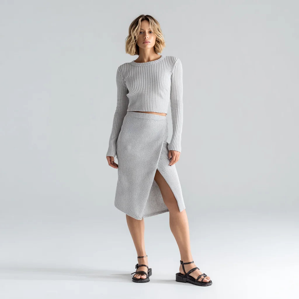 Light Gray Asymmetrical Ribbed Woolen Knit Skirt High Waist Midi Lace Decoration Breathable A-Line Print Women's Sweater Skirt