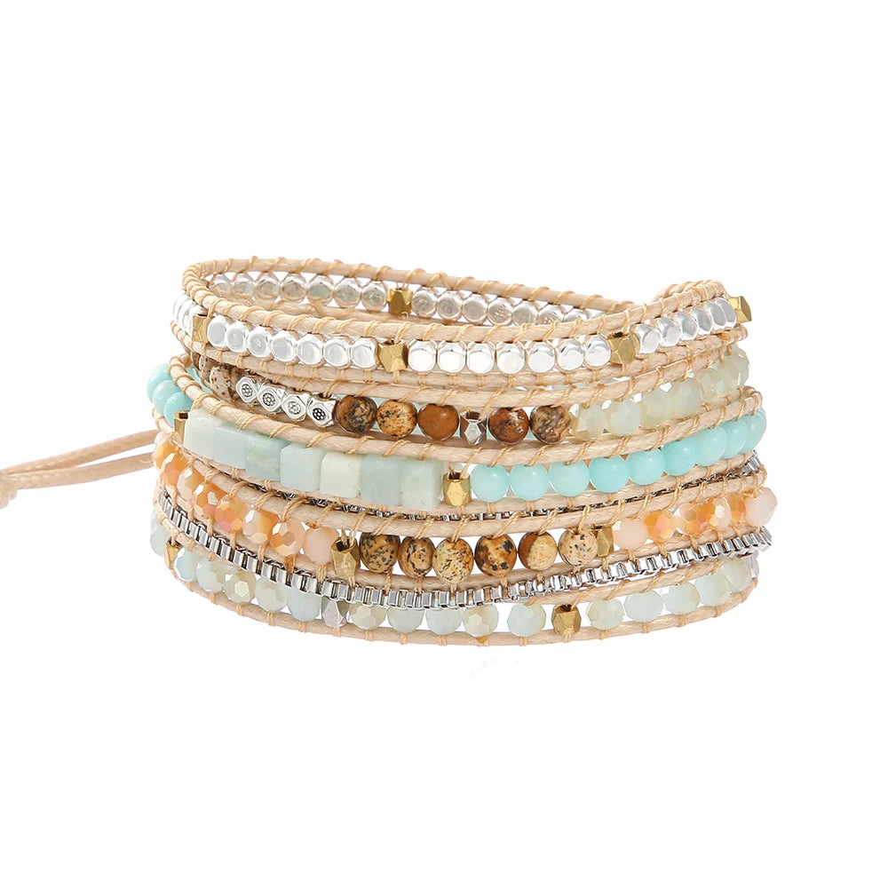 5Layers Mix Natural Stone Wrap Bracelet for Women with Stainless Steel Box Chain Geometriic Copper Beads Boho Bracelets Jewelry
