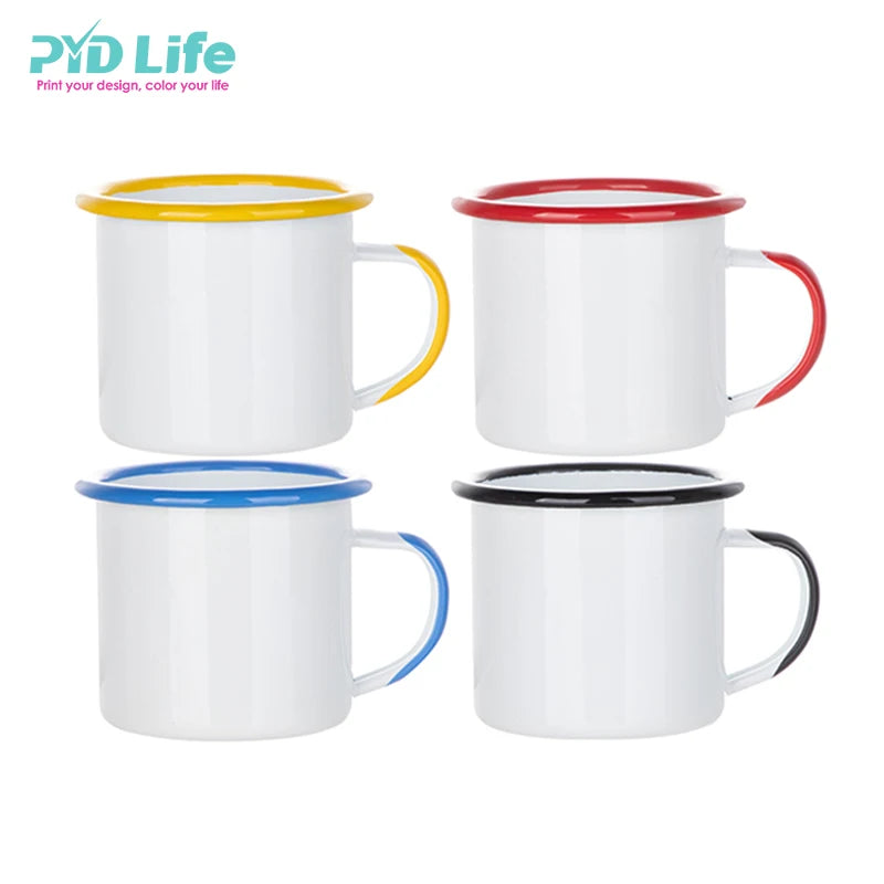 PYD Life Hot Sale 12oz Retro Vintage Camping White Sublimation Bulk Enamel Coffee Mugs With Color Rolling Rim