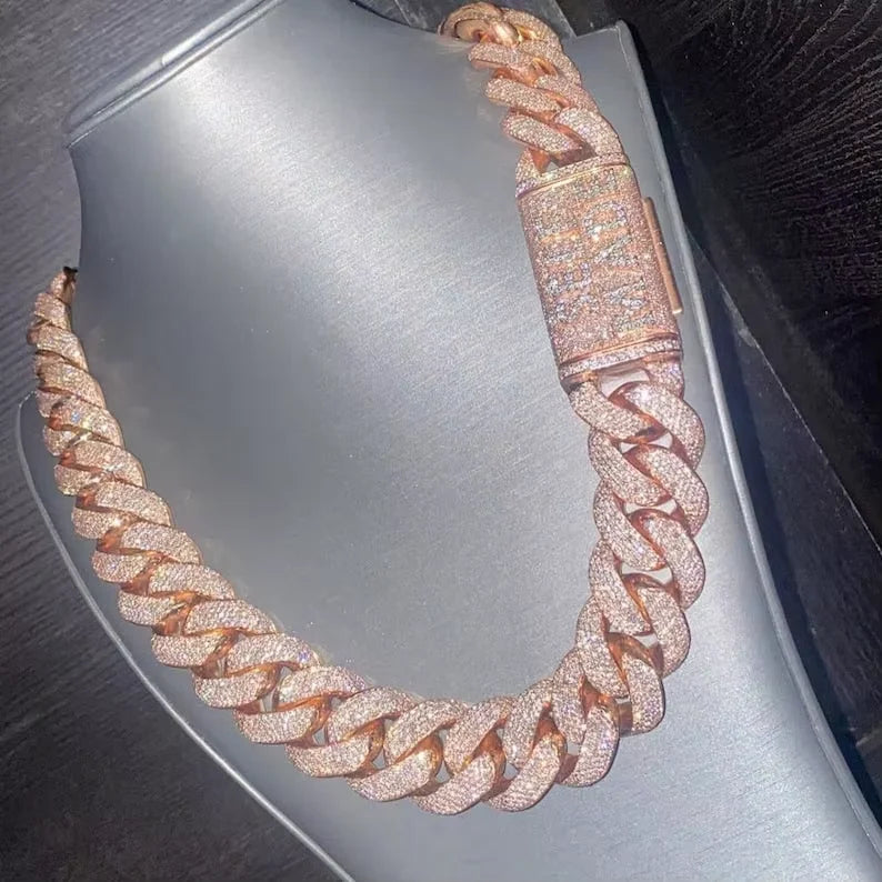 Heavy Solid 925 Sterling Silver 22mm Men's VVS1 Round White Moissanite Diamonds Studded Cuban Link Chain