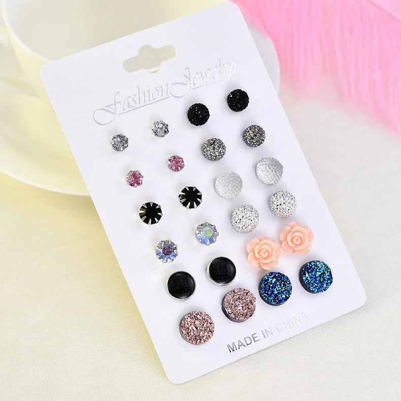 12 Pairs Set Fashion Round Rhinestone Crystal Zircon Flower Paper Card Set Week Earrings for Girls Women Cz Stud Earring Set