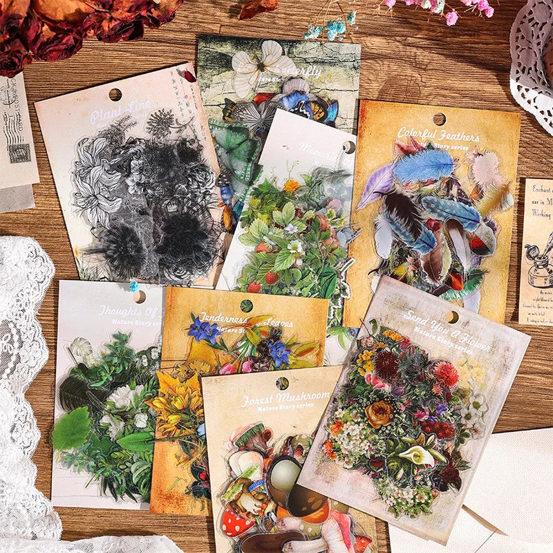 Vintage Creative DIY Material Decoration Stickers 60 Sheets PVC Ledger UV Natural Plant Hand Design for Home Office Decor