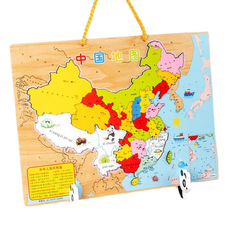 Wholesale Double-Sided Wooden Magnetic World Map Puzzle Educational Construction Toy for Kids
