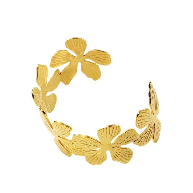 Dainty Elegant Women Charm Jewelry Anniversary Gift Gold Stainless Steel Flower Cuff Bangle Bracelet