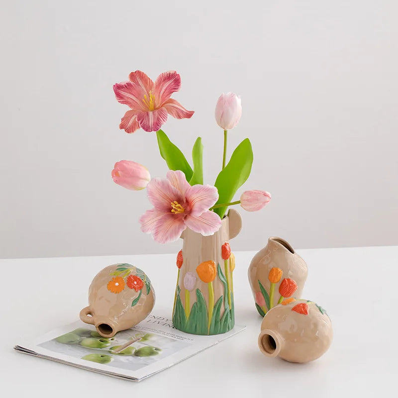 Chinese Retro Style Creative Flower Ceramic Vase Rural Decoration for Living Room Entrance Dried Flowers Arrangement Ornament