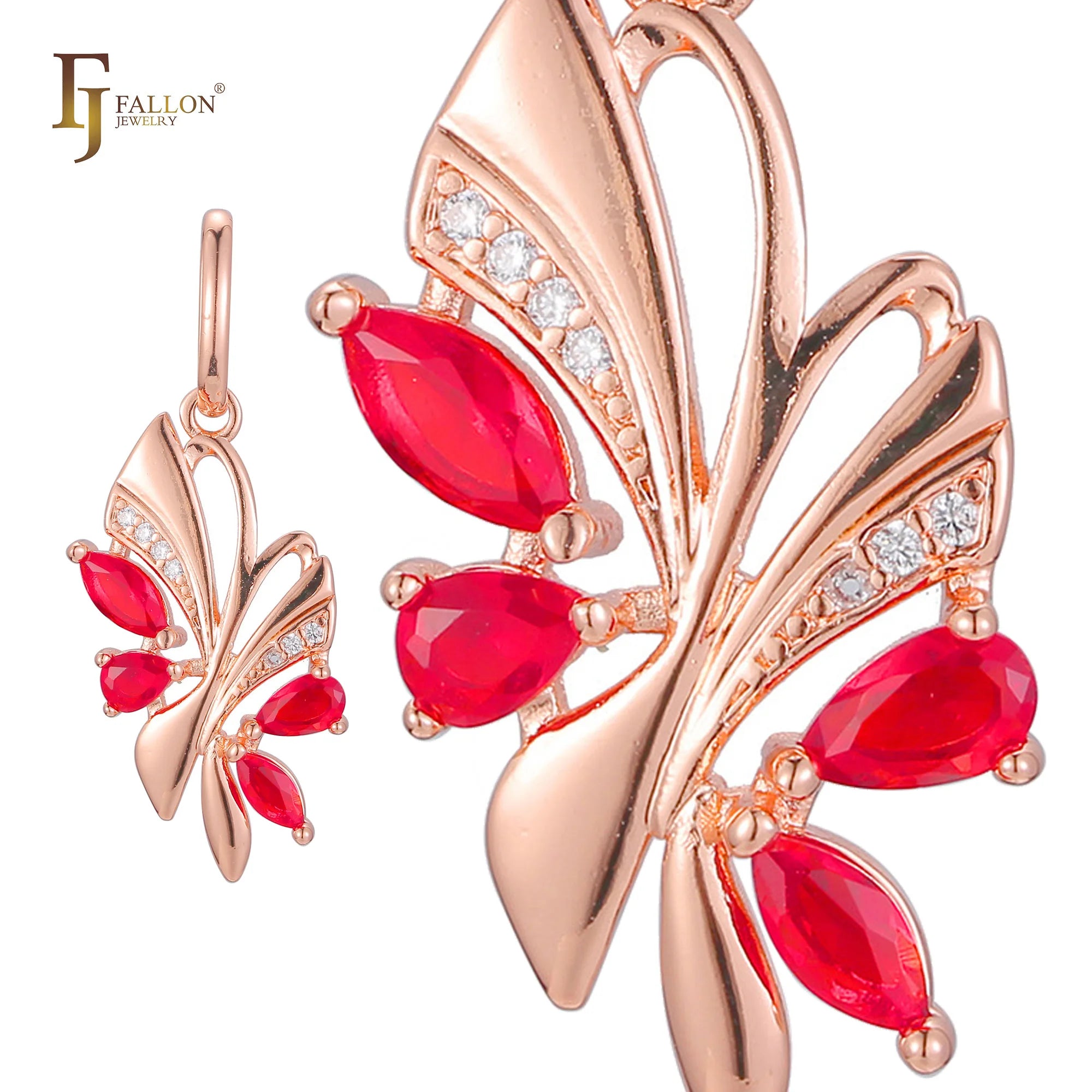 FJ Fallon Fashion Jewelry Rose Gold Butterfly Pendant Red and Crystal Nature-Inspired Brass Based