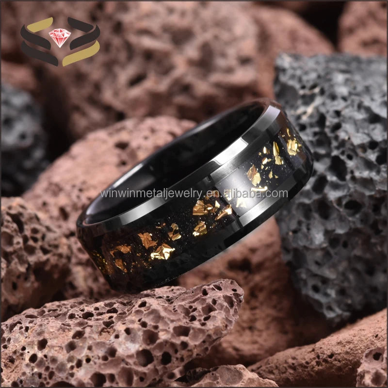 8mm Black Tungsten Wedding Band for Men Gold Leaf Inlay Beveled Edges Trendy Engagement Party Jewelry