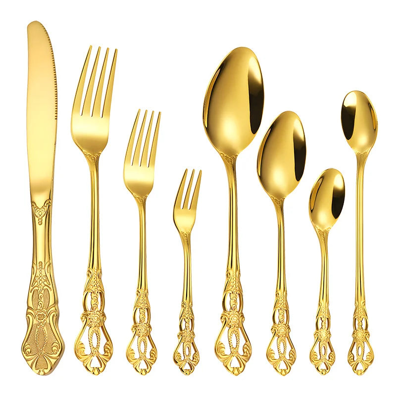 Hot Sale Embossed Hollow Gold Cutlery Set Stainless Steel Luxury Knife Fork Spoon Silverware Wedding Cutlery Set