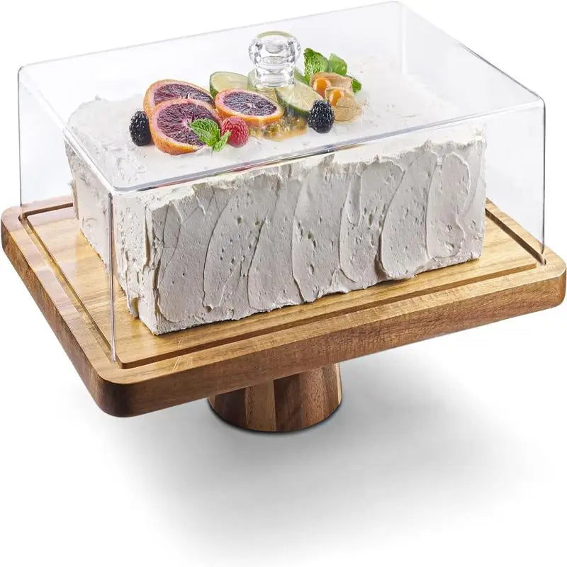 Solid Wood Cake Stand Rectangular Acacia Wood with Acrylic Top Cover Multi-functional Home Decor Wooden Cake Stand