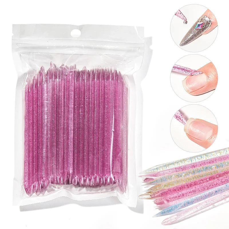 100pcs Nail Art Double End Cuticle Pusher Stick Remove Cuticles Regrowth Crystal Cuticle Pusher Sticks