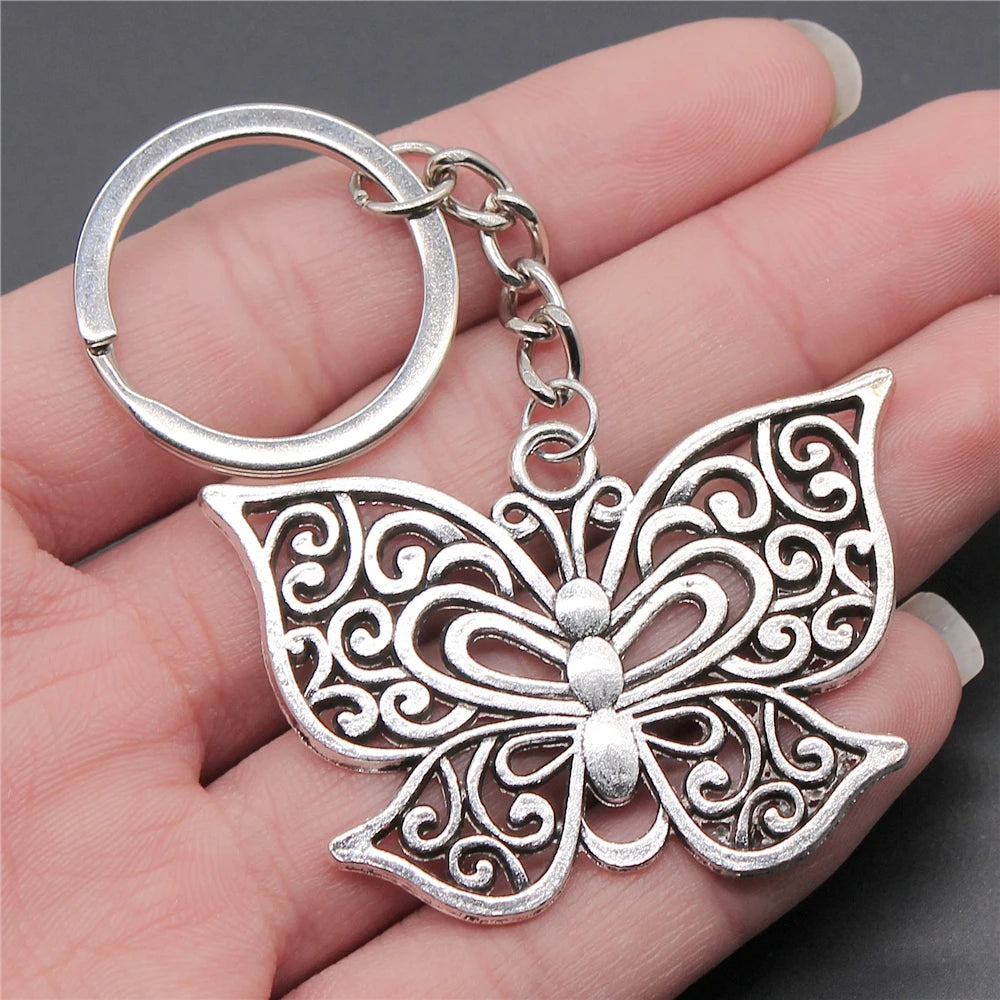 WYSIWYG 35x50mm Metal Zinc Alloy Antique Silver Plated Butterfly Key Chain Souvenirs Gift P1-ABD-C12398