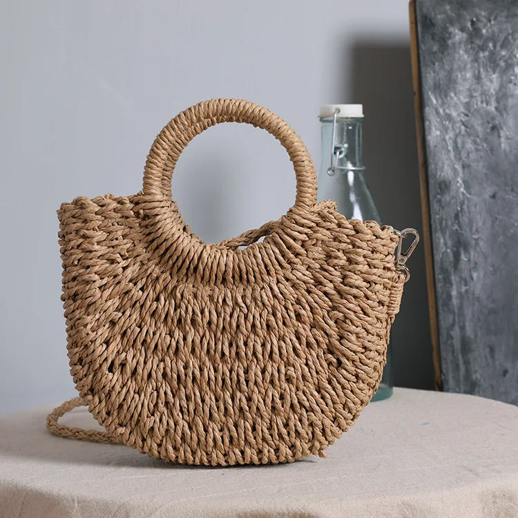 2026 Lady Beach Handbag Summer Paper Woven with Single Handle Portable Drawstring Closure Autumn Spring