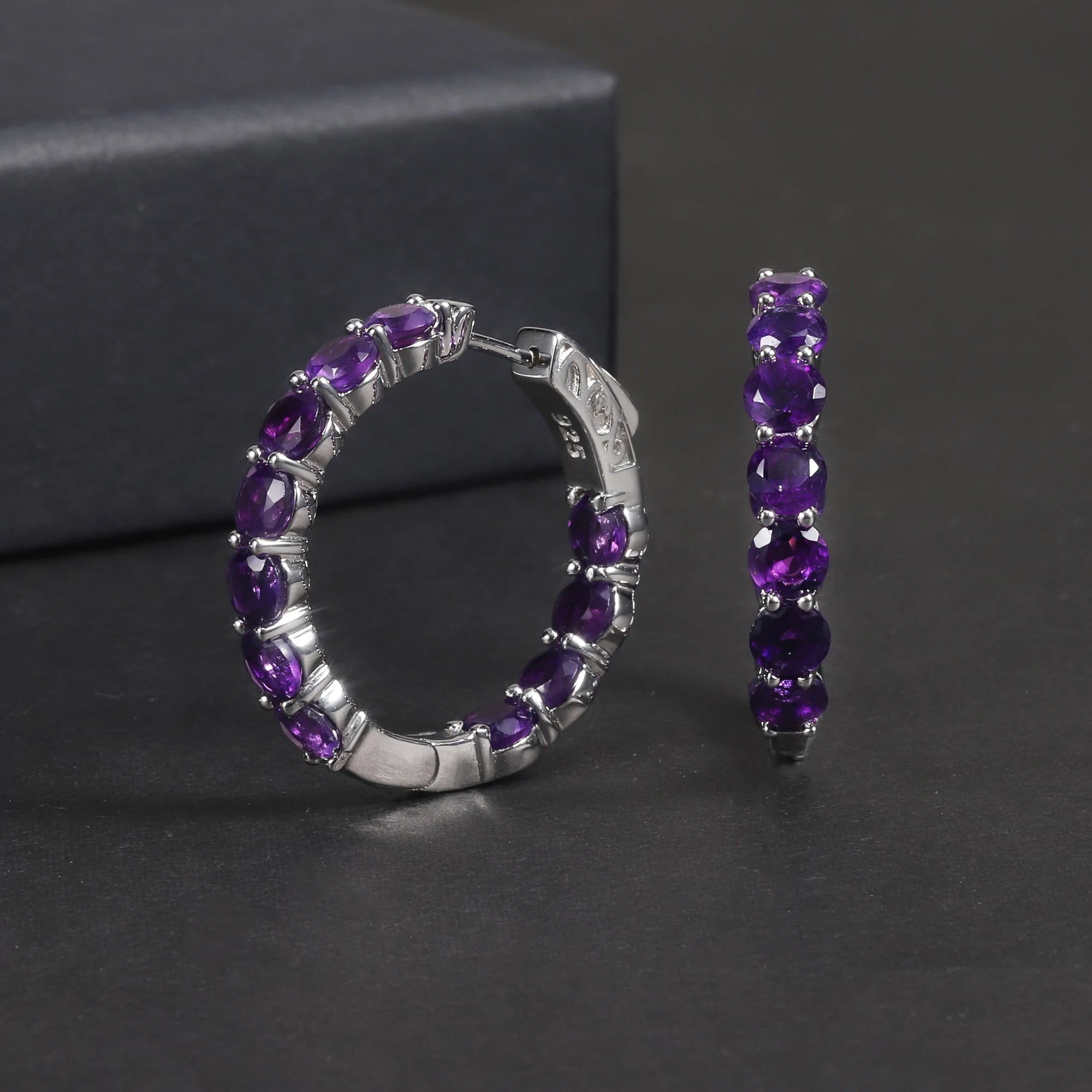 RZ0236 Abiding Custom Fine Jewelry Inside Outside Round Stone Amethyst 925 Sterling Silver Round Huggie Hoop Earring