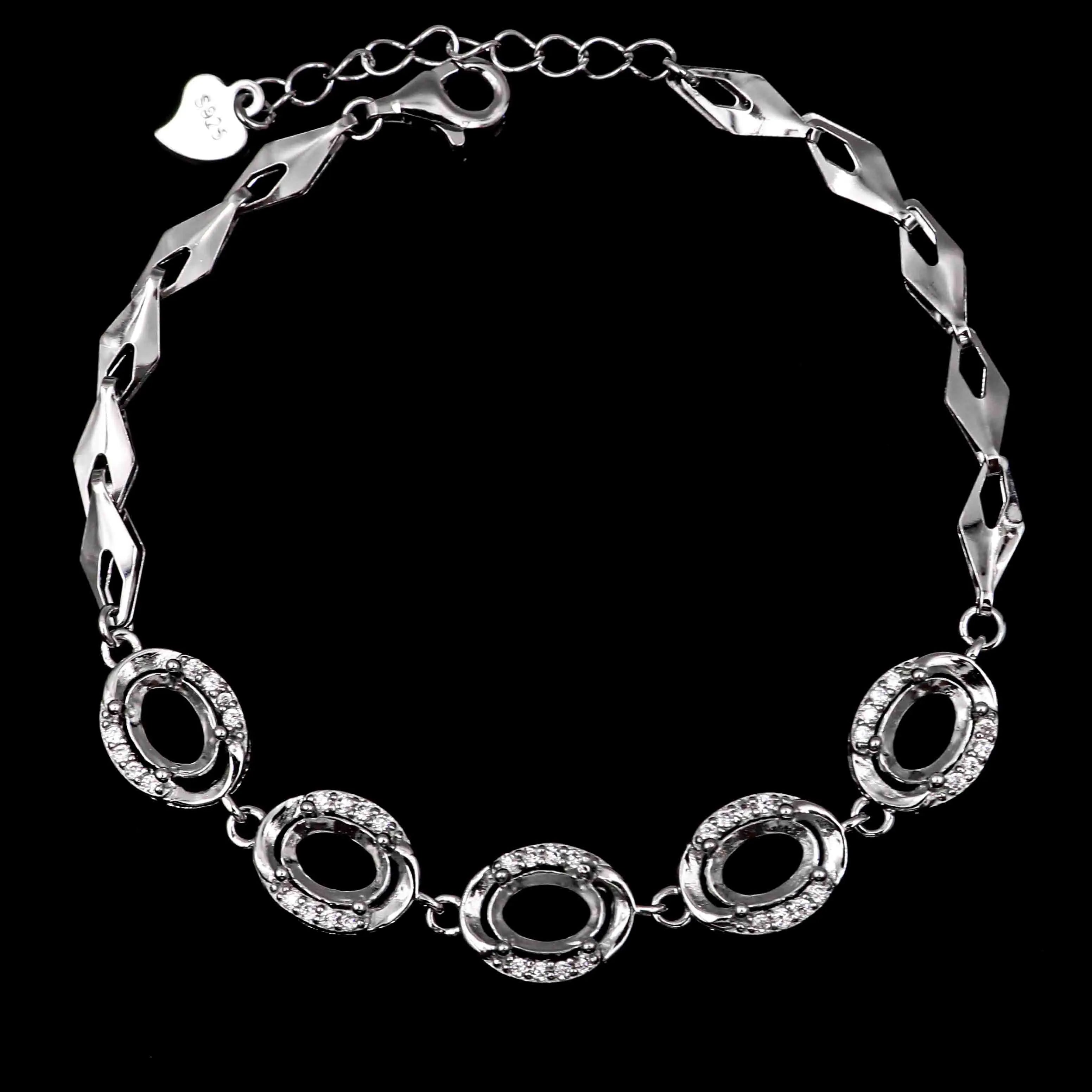 Sterling Silver 6*8mm Semi Mount Bracelet Empty Frame Support Blank Claws Setting S925 Base Without Center Stone Inlay for DIY
