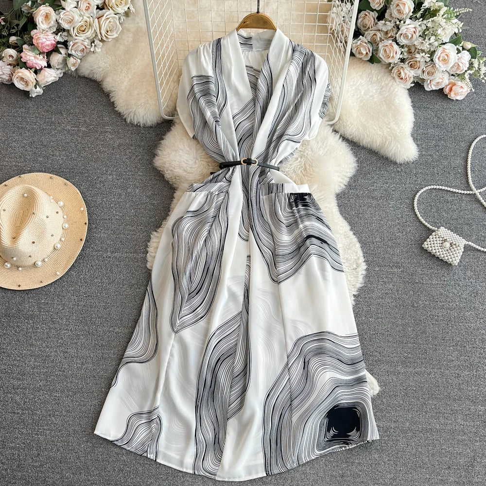 Boutique Wholesale 2026 Summer New Gentle Short Sleeved V-neck Waist Collection Mid Length A-line Women's Dress