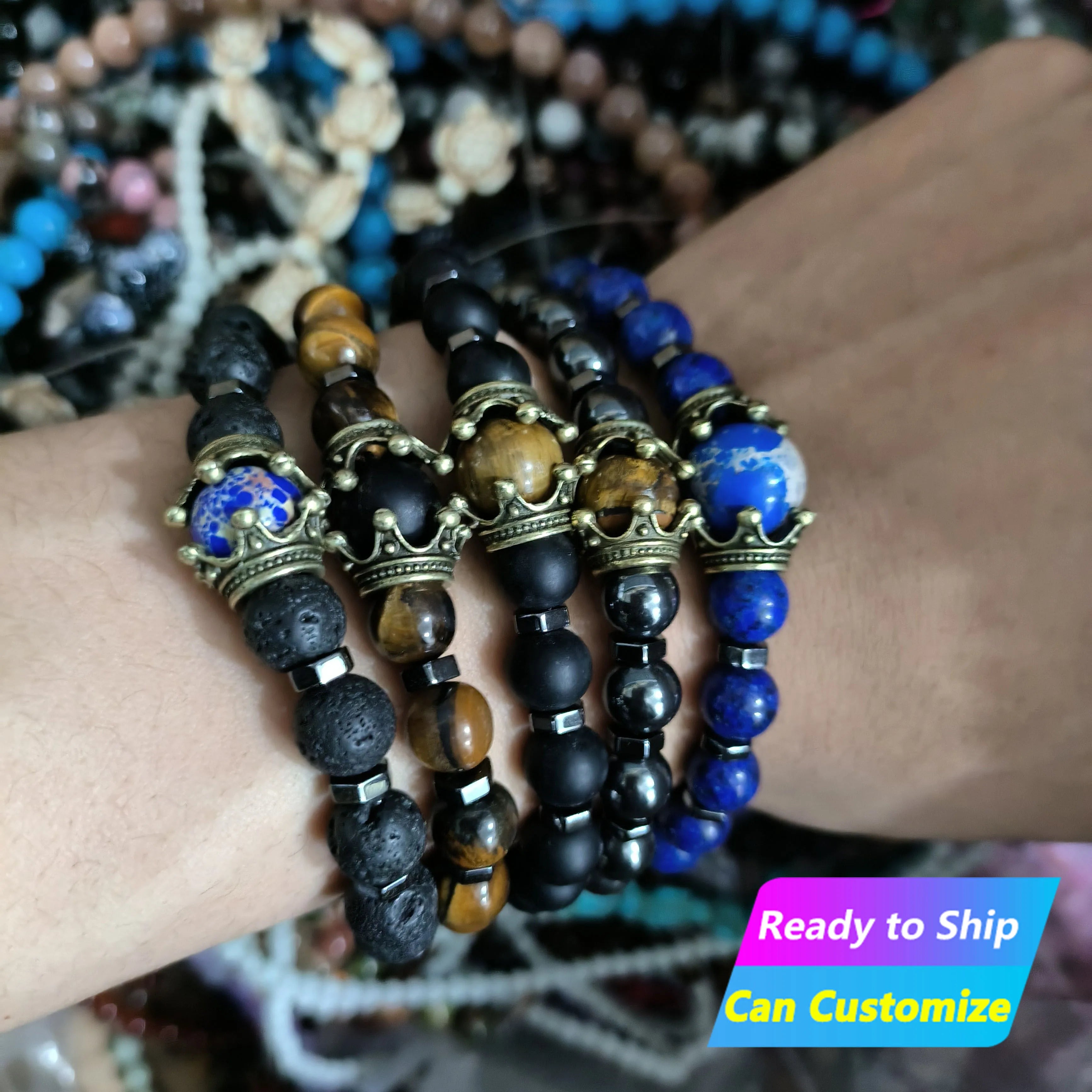 Wholesale Fashion Jewelry Natural Men Gemstone Crystal Healing Stone Quartz tiger Eye Beaded Crown Elastic Bead Bracelet