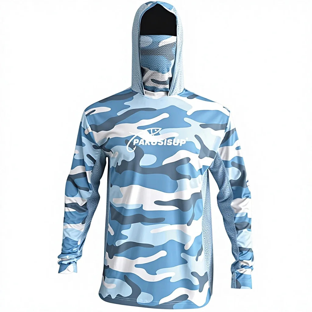 Wholesale 100% Polyester Waterproof Breathable SPF 50+ Plus Size Performance Blue Camouflage Custom Fishing Hiking Hooded Shirt