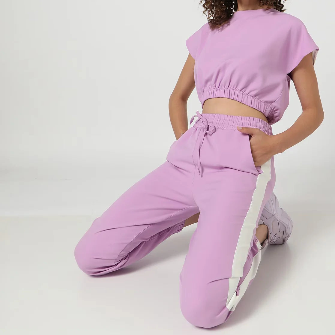 2 Piece Set Sweatpants and Cropped Short Sleeve Tee Tops Joggers Set Pants With Drawstring Trouser Jogger Suits for Women Co-ord