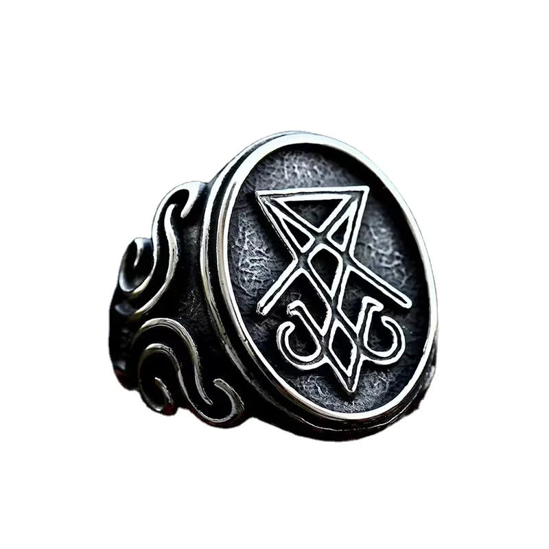 Custom Design Antique Black Satanic Jewelry Engraved Stainless Steel Lucifer Morningstar Rings for Men Women