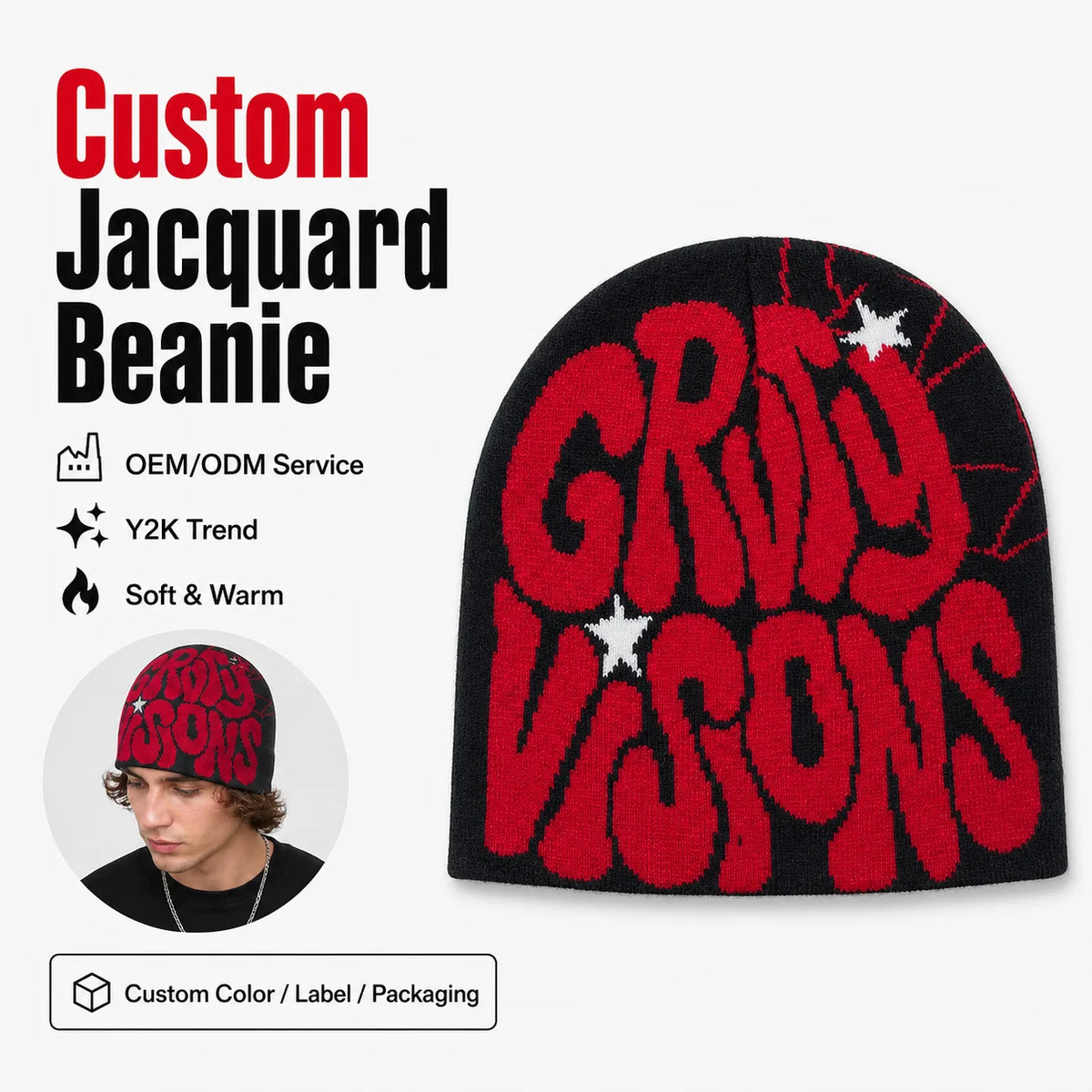 Custom Logo Jacquard Knit Beanie Crafted for Independent Streetwear Labels Launching Limited Drops with Y2K Graphic Beanie MegaBDM