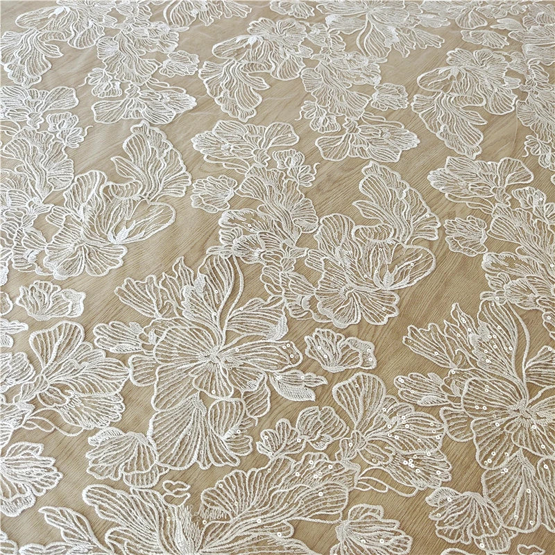 New White Elegant Embroidered 100% Polyester Fabric Wedding Dress Children's Performance Dress Curtain DIY Headdress Handmade