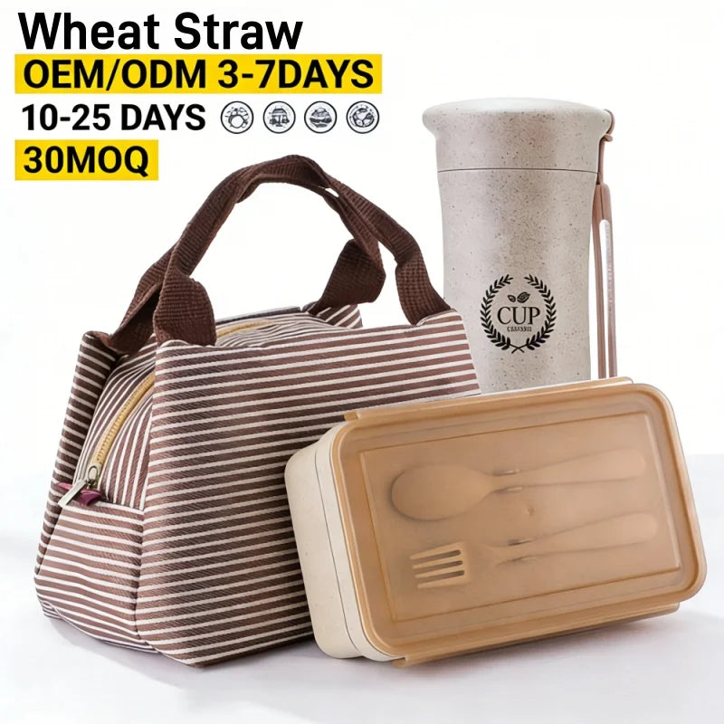 Lunch Box Set 1.1L Wheat Straw BPA Free Leakproof Bento Box Adults Kids with Bag and Bottle