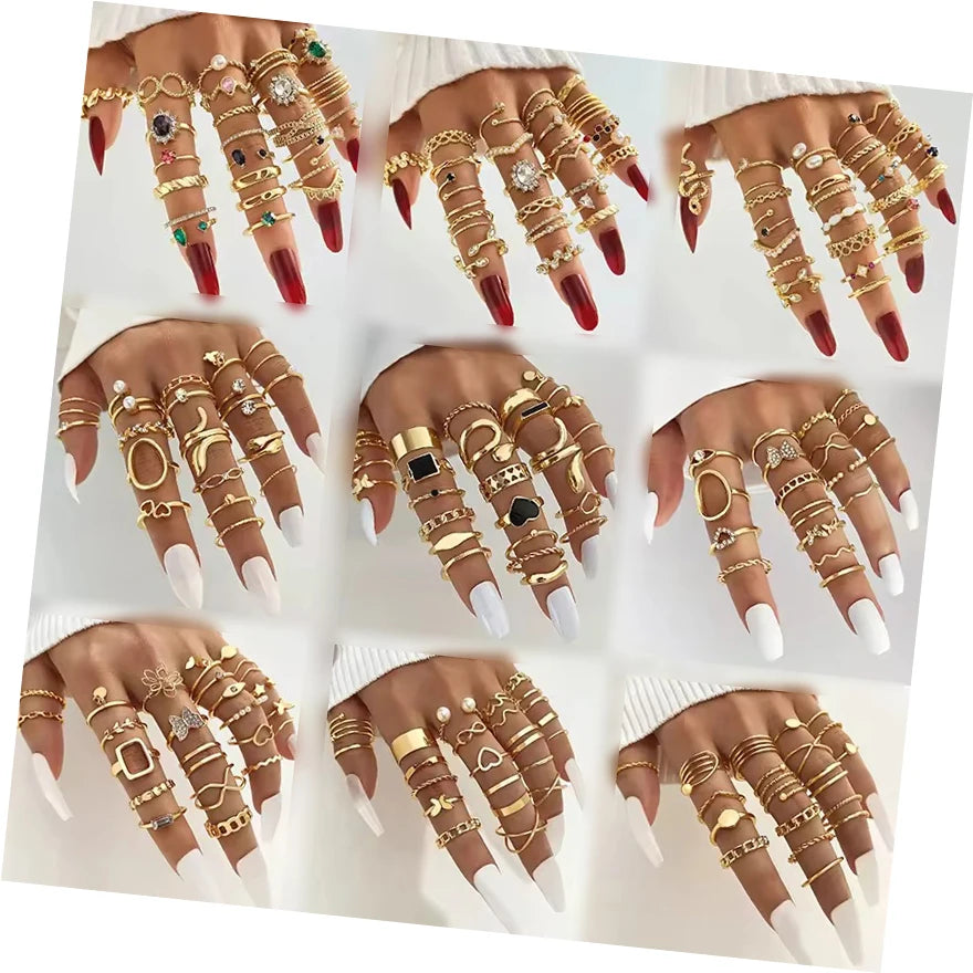 Fashion Gold Color Butterfly Pearl Heart Rhinestone Geometric Design Ring Set for Women Jewelry