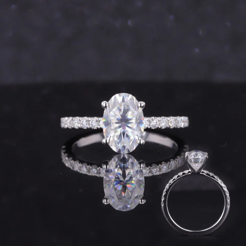 Starsgem Oval Shape 14K  Gold Bridal 6X9mm  Moissanite Rings Engagement 4 Prong Ring with Moissanite Pave Band