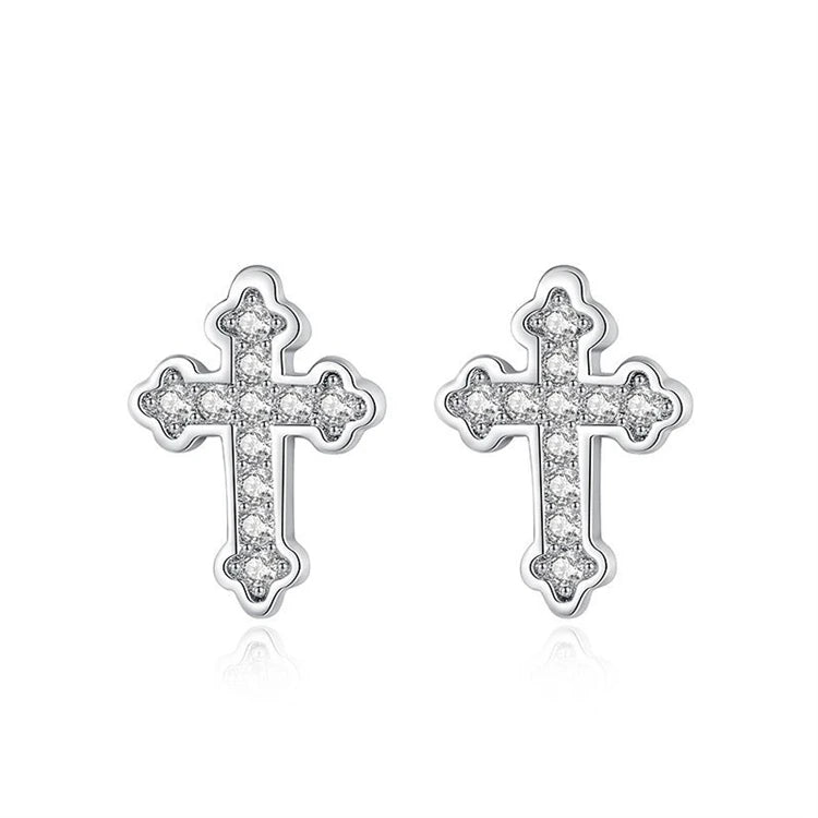 Wholesale 925 Sterling Silver Simple CZ Diamond Cross Stud Earrings Trending Religious Fashionable